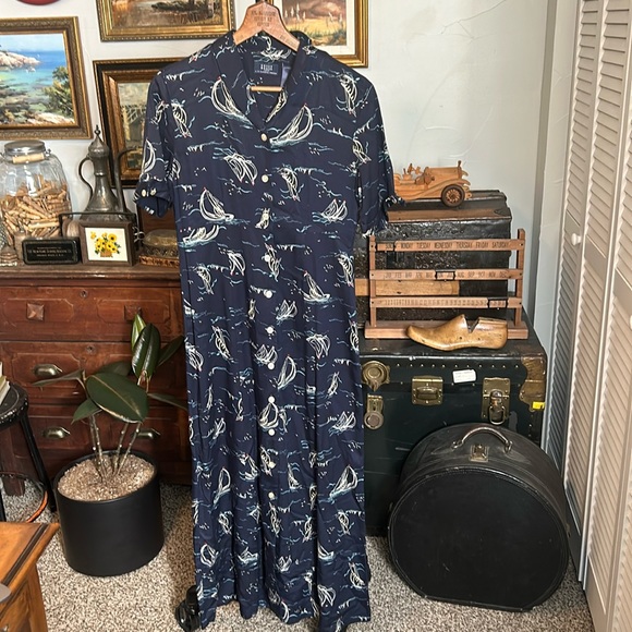VINTAGE Liz Claiborne Crazy Horse Nautical Print Maxi Dress - Picture 1 of 7